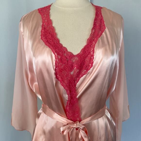 2PC Lingerie Set Large Pink Satin Silky Robe Slip Nightie Nightgown Peignoir - Picture 4 of 16